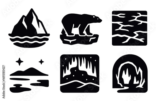 Arctic nature silhouette icon set. featuring iceberg, polar bear, ice floe, northern lights, and cave symbols.