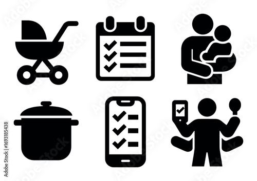 Family and parenting silhouette icon set. featuring stroller, checklist, caregiver, cooking, smartphone, balance.