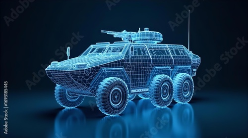 Futuristic blue wireframe 3D model of a 6x6 armored combat vehicle. The holographic digital blueprint for advanced military engineering and defense technologies.