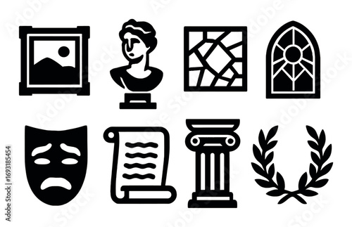 Art and architecture silhouette icon set. gallery, sculpture, stained glass, gothic window, theatre mask, scroll, column, wreath.