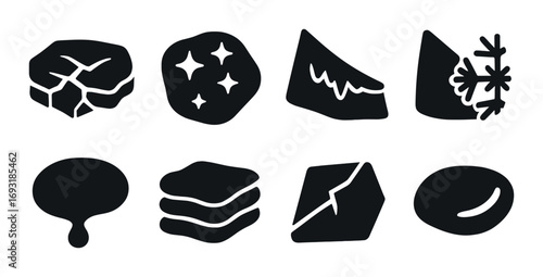 Geology silhouette icon set. featuring rock, crystal, mountain, ice, lava, sediment, fault, and stone symbols.