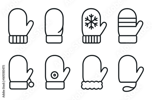 Winter mittens linear icon set. featuring striped, snowflake, pom-pom, and furry gloves.