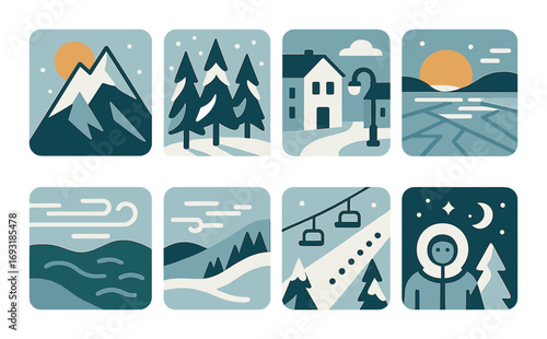 Winter landscape silhouette icon set. featuring mountains, forest, house, sunset, river, wind, slopes, ski lift, explorer.