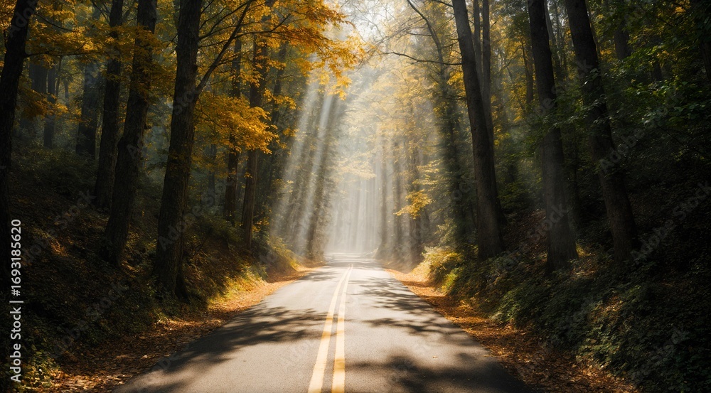 Fototapeta premium Scenic autumn road surrounded by colorful trees