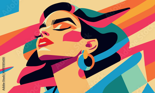 Dynamic Pop Art Portrait of Confident Woman in Profile, Featuring Bold Colors, Graphic Lines, and Energetic Abstract Background