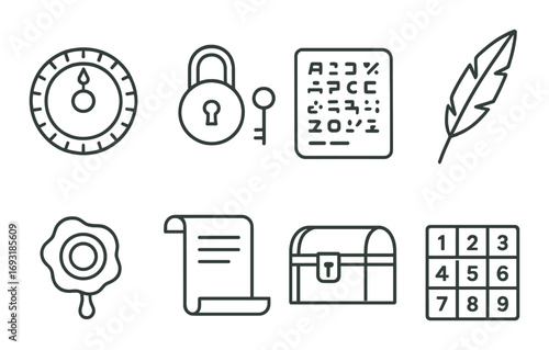 Escape room linear icon set. featuring timer, lock, cipher, quill, seal, scroll, chest, keypad.