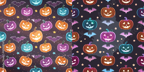Padrão vetorial de Halloween neon com abóboras e morcegos brilhantes, fundo escuro, seamless