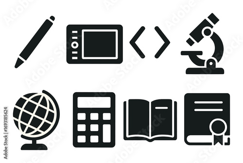 Education silhouette icon set. featuring pen, tablet, code, microscope, globe, calculator, book, diploma.