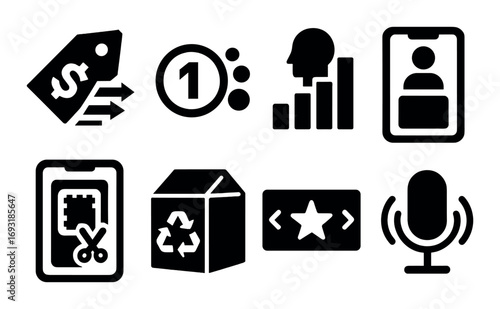 Business and technology silhouette icon set. featuring pricing, analytics, profile, recycling, and voice symbols.