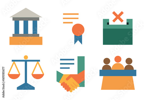 Justice system flat icon set. featuring courthouse, certificate, calendar, scales, agreement, jury symbols.