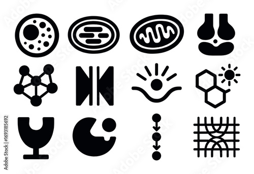 Biology silhouette icon set. featuring cells, molecule, mitochondria, eye, dna, and structures.