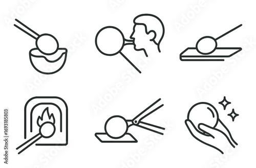 Glassblowing linear icon set. featuring blowing, melting, shaping, furnace, and hand-holding glass methods.