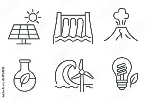 Renewable energy linear icon set. featuring solar panel, hydro power, volcano, bioenergy, wind turbine, and light bulb.