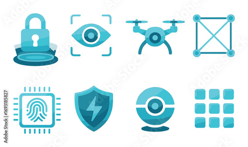 Security and technology flat icon set. featuring lock, eye, drone, grid, chip, shield, webcam, and app symbols.