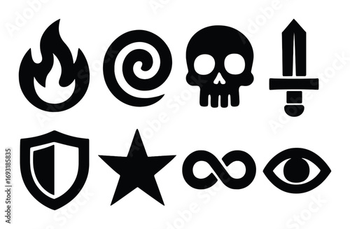 Magic and fantasy silhouette icon set. featuring fire, spiral, skull, sword, shield, star, infinity, eye symbols.