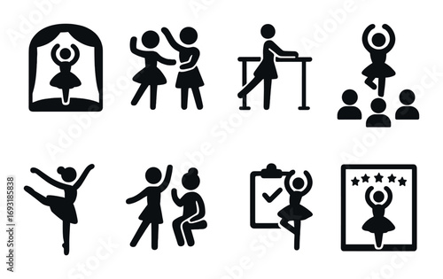 Ballet silhouette icon set. featuring dancer, ballet shoes, tutu, barre, performance, and stars symbols.