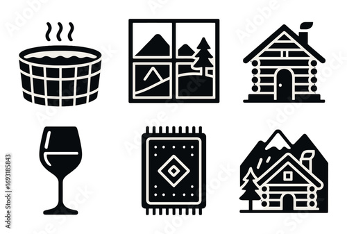 Winter cabin silhouette icon set. featuring hot tub, window, cabin, wine glass, rug, mountain cabin.