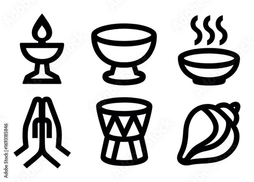 Hindu ritual flat icon set. featuring diya, bowl, incense, prayer hands, drum, conch symbols.