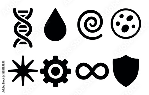 Science elements silhouette icon set. featuring dna, water drop, spiral, petri dish, star, gear, infinity, shield.