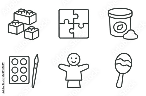 Kids activities linear icon set. featuring blocks, puzzle, playdough, paint set, puppet, and maraca symbols.