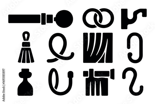 Classic furniture silhouette icon set. featuring doorknob, knot, tassel, fringe, hook, and handle symbols.