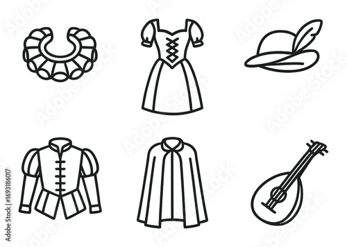 Renaissance fashion linear icon set. featuring ruff, dress, hat, doublet, cloak, and lute symbols.