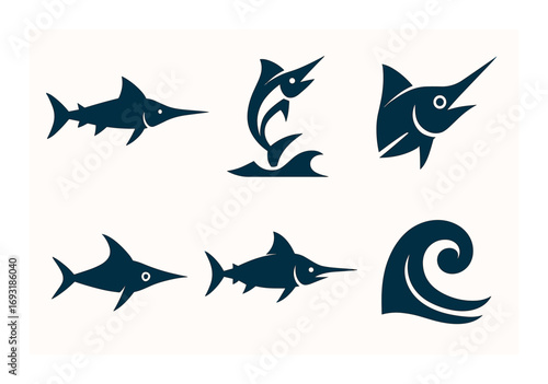 Marine life silhouette icon set. featuring swordfish, marlin, wave, and jumping fish symbols.