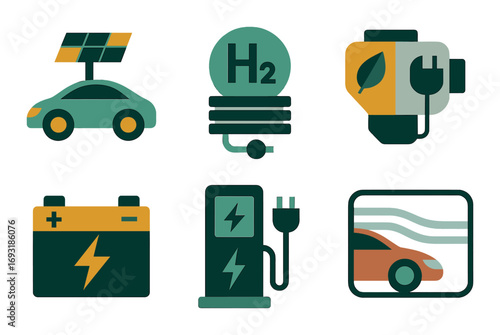 Eco transport flat icon set. featuring electric car, hydrogen, solar panel, battery, charging station, engine icons.