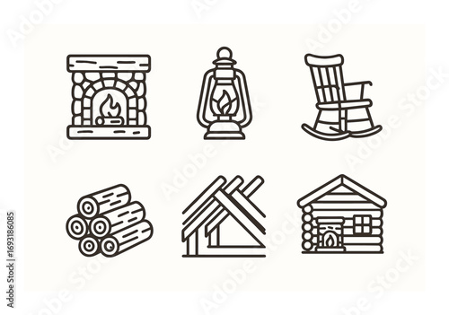 Cozy living linear icon set. featuring fireplace, lantern, rocking chair, logs, roof, and cabin.