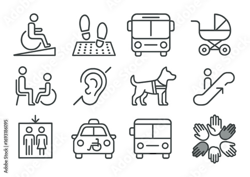 Accessibility and mobility linear icon set. featuring wheelchair ramp, braille, public transport, stroller, hearing aid, escalator, elevator, taxi, guiding dog, community support icons.