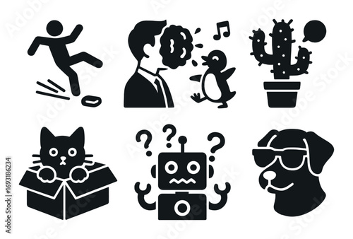 Humorous activities silhouette icon set. featuring slip, pie, music, cactus, cat, robot, dog symbols.