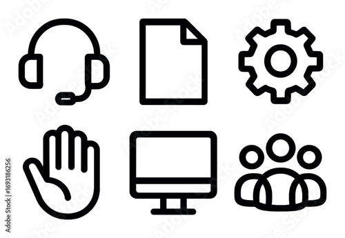 Support services linear icon set. featuring headset, document, gear, hand, monitor, group symbols.