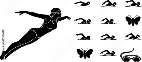 Swimming silhouettes, Swimmer silhouette, Woman swimming silhouette, Swimmer svg, Backstroke swimmer silhouette, Swimming svg, Swimming goggles silhouette, Swimmer icon bundle