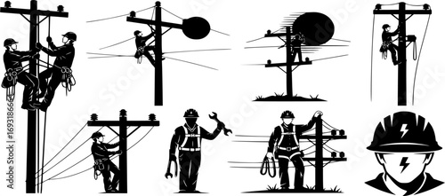 Lineman silhouette, Lineman svg, Line worker svg, Electrician svg, Electrical lineman svg, Lineman climbing silhouette, Power lineman svg, Line worker silhouette, Lineman vector illustration set 