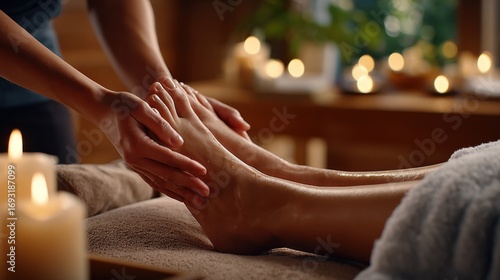Wallpaper Mural Hands gently massaging feet in a tranquil spa, surrounded by candles, conveying relaxation and wellness. Torontodigital.ca