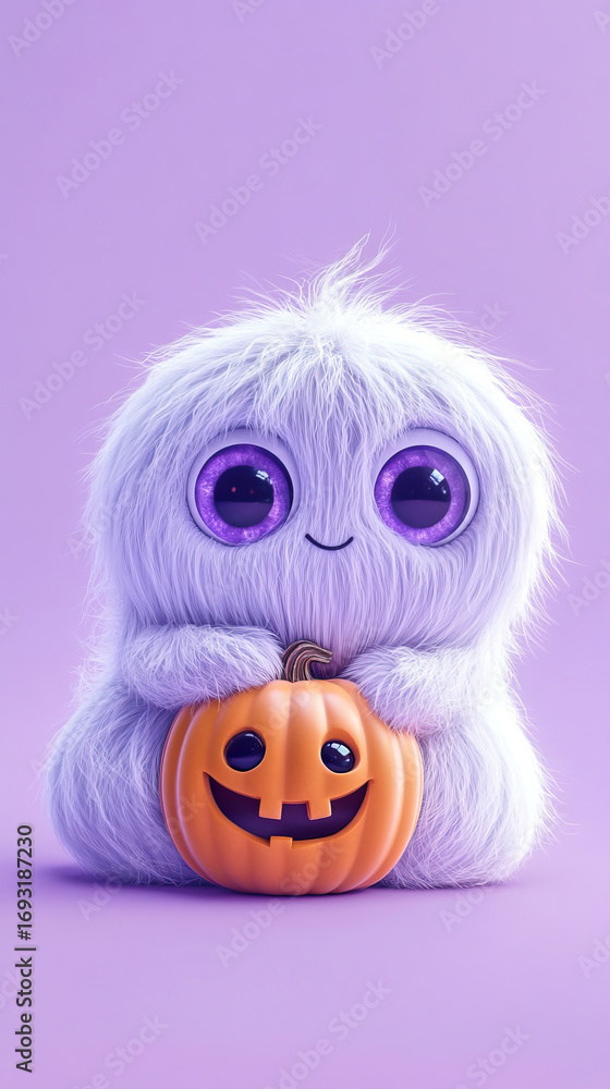 Fototapeta premium Incredibly fluffy cute cartoon ghost hugging a small smiling pumpkin, big sparkling eyes