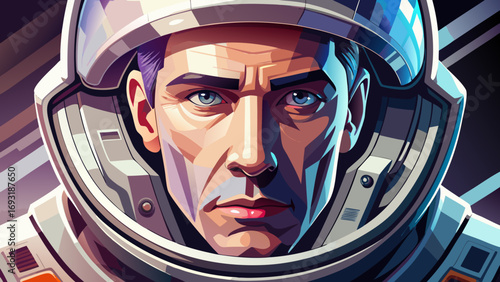  Close-up portrait of male astronaut in white spacesuit, helmet visor reflecting light. Isolated white background emphasizes exploration, bravery, and futuristic spirit of space travel.