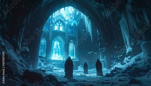 A cathedral entirely carved into a glacier, glowing from inside with bioluminescent fish swimming through the frozen walls, monks wearing masks of ice perform rituals with singing snowflakes, cinemati