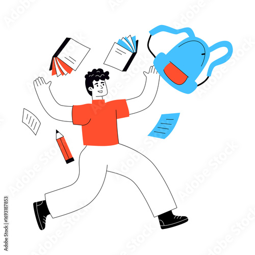Modern design illustration of excited student throwing books