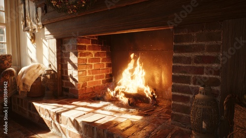 Cozy fireplace with burning logs