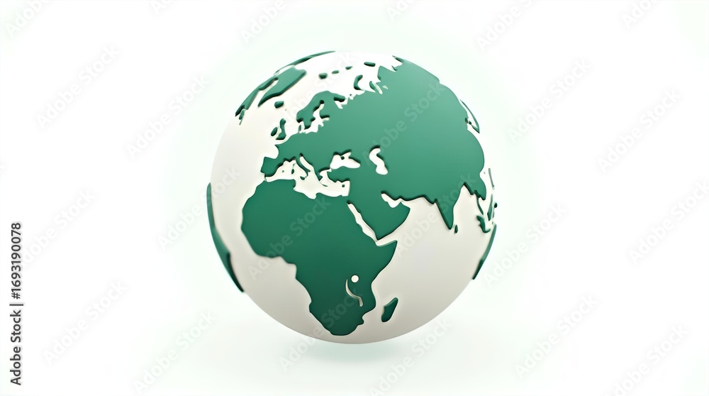 Fototapeta premium Modern 3D render of a green and white Earth globe, showcasing Europe, Asia, and Africa. Clean global map illustration on a bright white background, symbolizing connection.