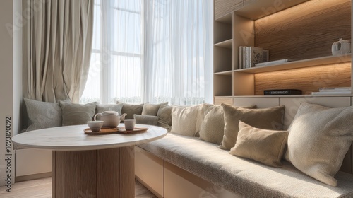 Cozy window seat with bookshelves