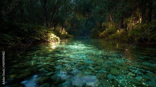 Crystal clear river through lush forest