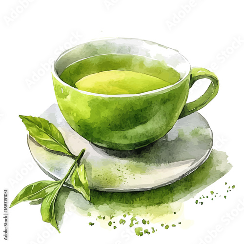 Green Tea, watercolor painting vector, isolated on a white background.