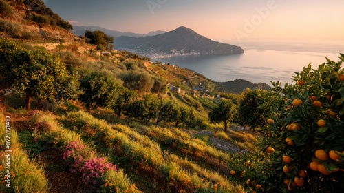 Coastal hillside orchard sunrise