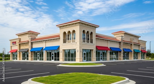 Commercial building with colorful awnings and empty parking lot under a partly cloudy blue sky.