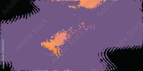 Abstract painting featuring a purple background with orange and pink color splashes and black edges created with generated ai