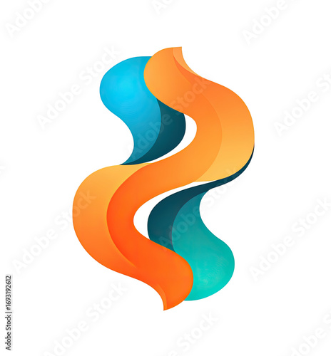 Abstract logo design with two intertwined, flowing shapes in orange and teal colors