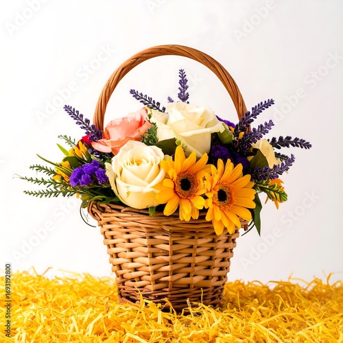 Basket of assorted flowers, including roses, daisies, and lavender, in a light brown wicker basket