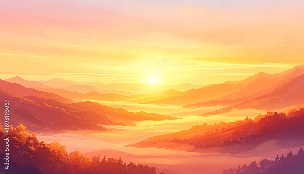 Fototapeta premium Breathtaking sunrise over layered mountain ranges with morning fog in the valley and a warm golden sky. Serene landscape illustration, perfect for a tranquil and abstract background image.